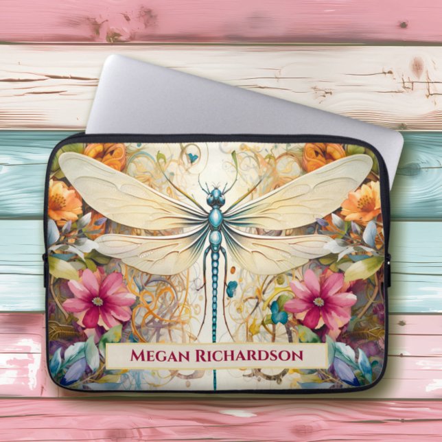 Dragonfly och jaktblommor med Namn Laptop Fodral (Skapare uppladdad)