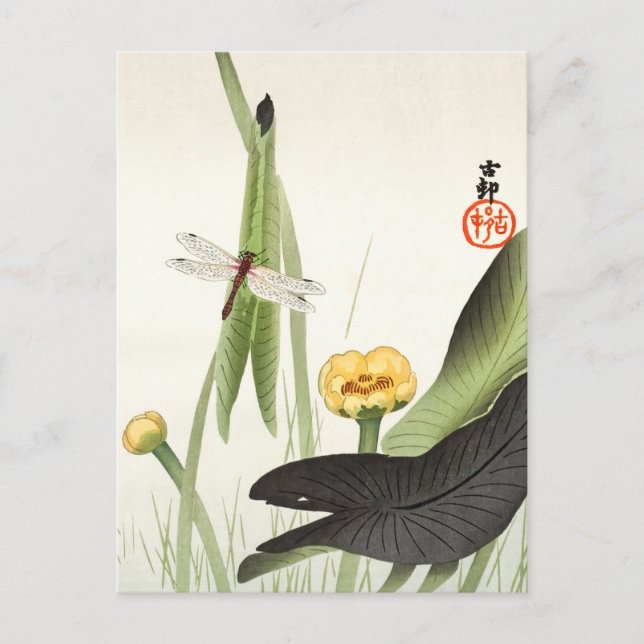 Dragonfly och Lotus av Ohara Koson, Japansk konst. Vykort (Framsida)