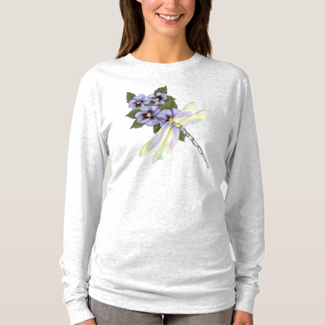 Dragonfly och Pansies Tee Shirt (Framsida)