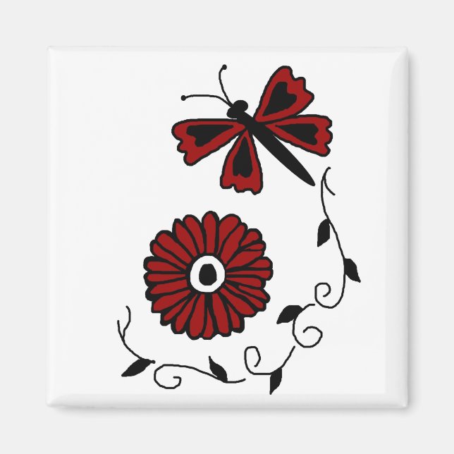 Dragonfly och röd blommagnet magnet (Framsidan)