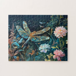 Dragonfly på natten i en Garden med Peonies och Gr Pussel