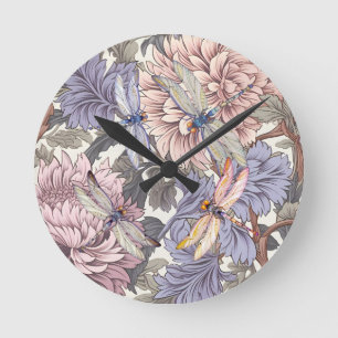 Dragonfly Peony Rosa Light Lila Fransk Blommigt Rund Klocka