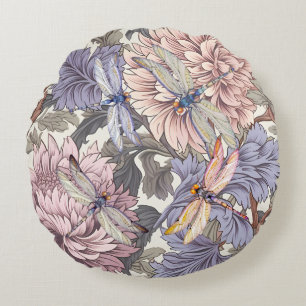 Dragonfly Peony Rosa Light Lila Fransk Blommigt Rund Kudde