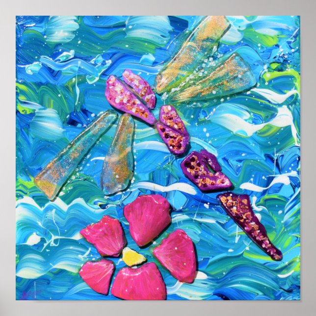 Dragonfly Sea Glass Mix Media Collage Poster (Framsidan)