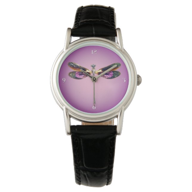 Dragonfly - silver, guld, lila och svart armbandsur (Framsida)