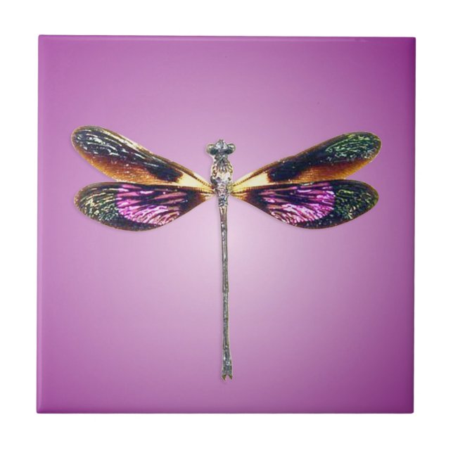 Dragonfly - silver, guld, lila och svart kakelplatta (Framsidan)