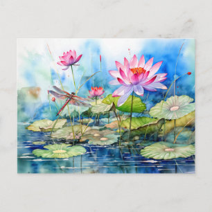 Dragonfly som flyger genom rosa vatten lilies helg vykort