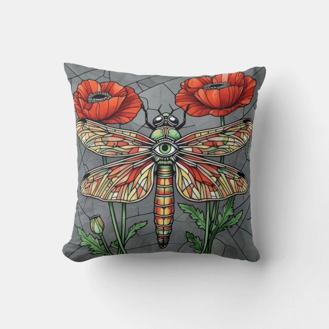 Dragonfly Stained Glass Poppies Mosaic Steampunk Kudde (Framsida)