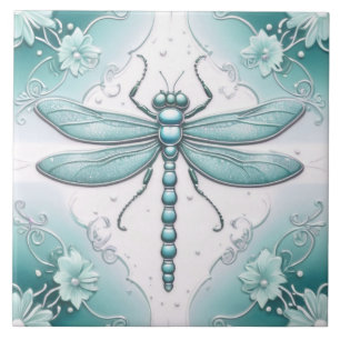 Dragonfly Turcos och White Flower Art Teal Kakelplatta