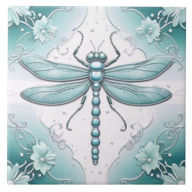 Dragonfly Turcos och White Flower Art Teal Kakelplatta (Framsidan)