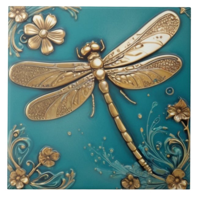 Dragonfly Turkvoise Teal & Faux Guld Faux Relief Kakelplatta (Framsidan)