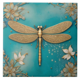 Dragonfly Turkvoise Teal & Guld Faux Relief Asian Kakelplatta