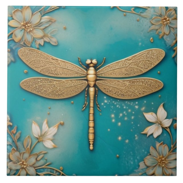 Dragonfly Turkvoise Teal & Guld Faux Relief Asian Kakelplatta (Framsidan)