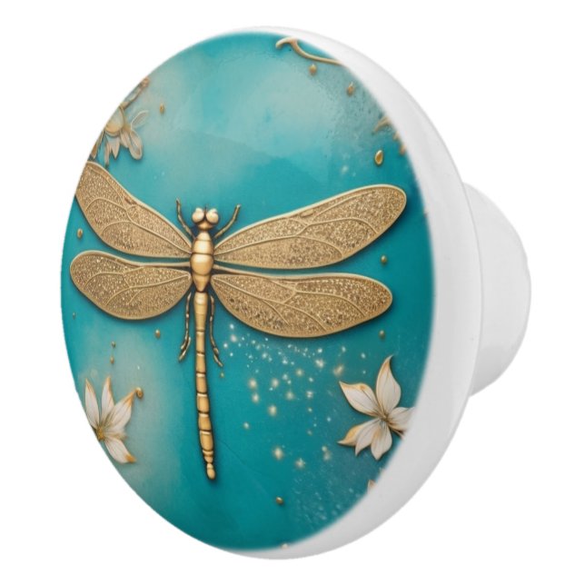 Dragonfly Turkvoise Teal & Guld Faux Relief Asian Knopp (Höger)