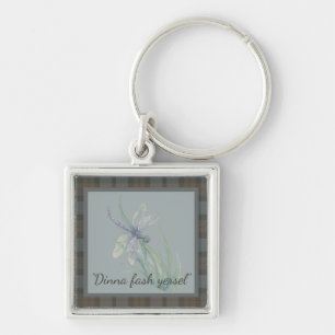 Dragonfly Watercolor Fraser Klan Tartan Grått Blue Fyrkantig Silverfärgad Nyckelring