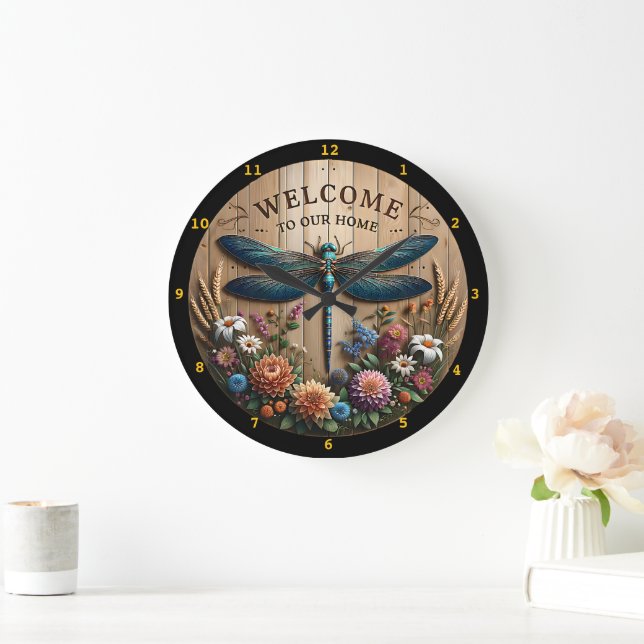 Dragonfly Welcome Blommigt Home Wall Stor Klocka (Hem)