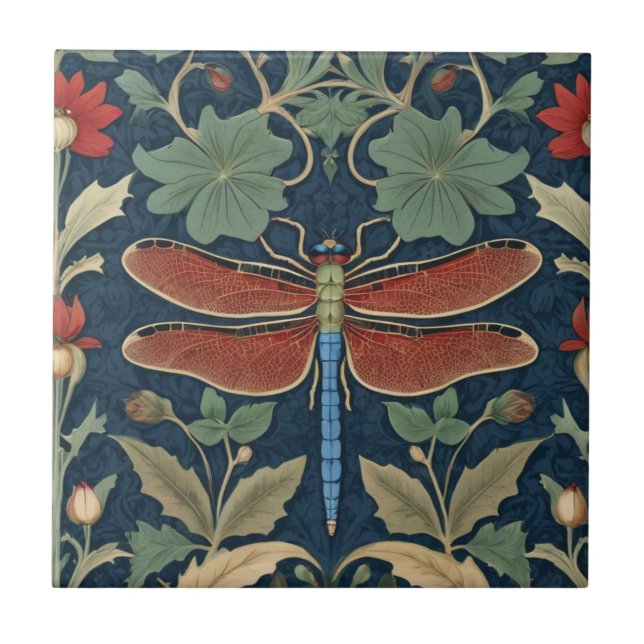 Dragonfly William Morris stil Blue & Red Blommigt Kakelplatta (Framsidan)