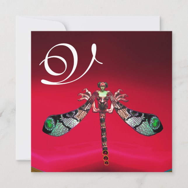 DRAGONFLY WOMAN MONOGRAM, röd burgundi guld Inbjudningar (Framsida)
