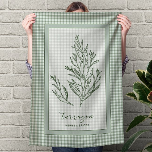 Dragonört ört köksduk – grön gingham kant kökshandduk (Tarragon Herb Kitchen Towel – Green Gingham Border)