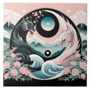 Dragons Blommigt Mountain Rosa Sage Teal Kakelplatta