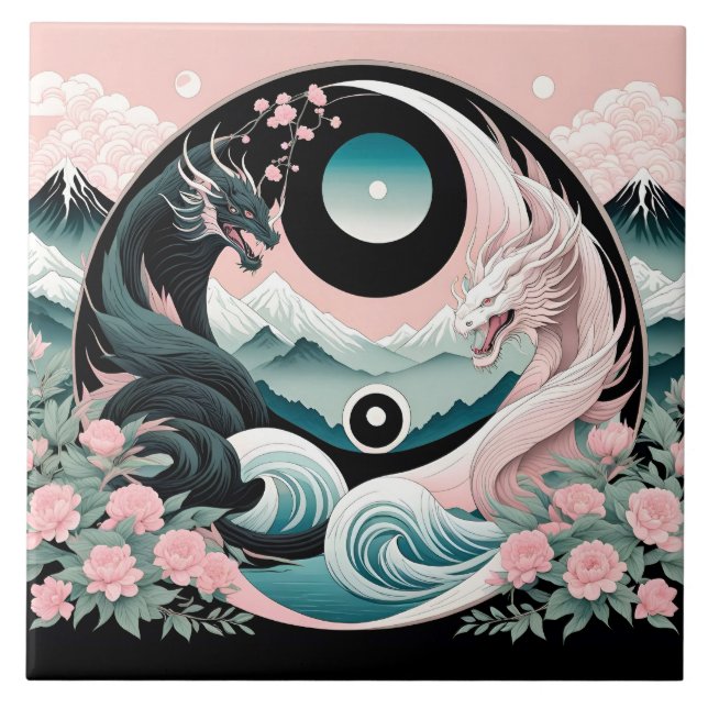 Dragons Blommigt Mountain Rosa Sage Teal Kakelplatta (Framsidan)