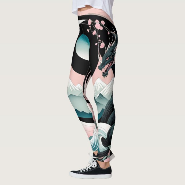 Dragons Blommigt Mountain Rosa Sage Teal Leggings (Vänster)