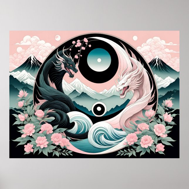 Dragons Blommigt Mountain Rosa Sage Teal Poster (Framsidan)