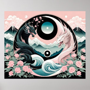 Dragons Blommigt Mountain Rosa Sage Teal Poster