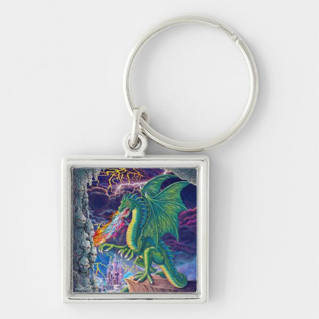 Dragons Lair-nyckelkedja Fyrkantig Silverfärgad Nyckelring (Framsidan)