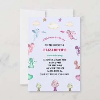 Dragons Watercolor Girl Birthday Inbjudningar
