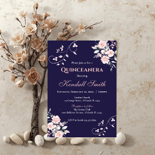 Drak Blue and Rosa Blommigt Quinceanera Inbjudningar