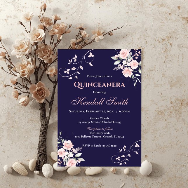 Drak Blue and Rosa Blommigt Quinceanera Inbjudningar (Skapare uppladdad)