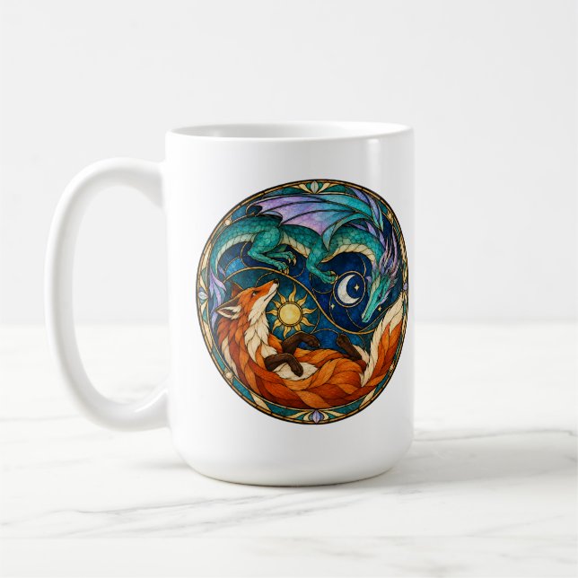 Drak Fox Sol Måne Glasmosaik Kaffemugg (Vänster)
