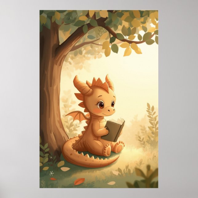 Drak Läsning Barnkammare Fantasy Sagobok Barn Poster (Framsidan)