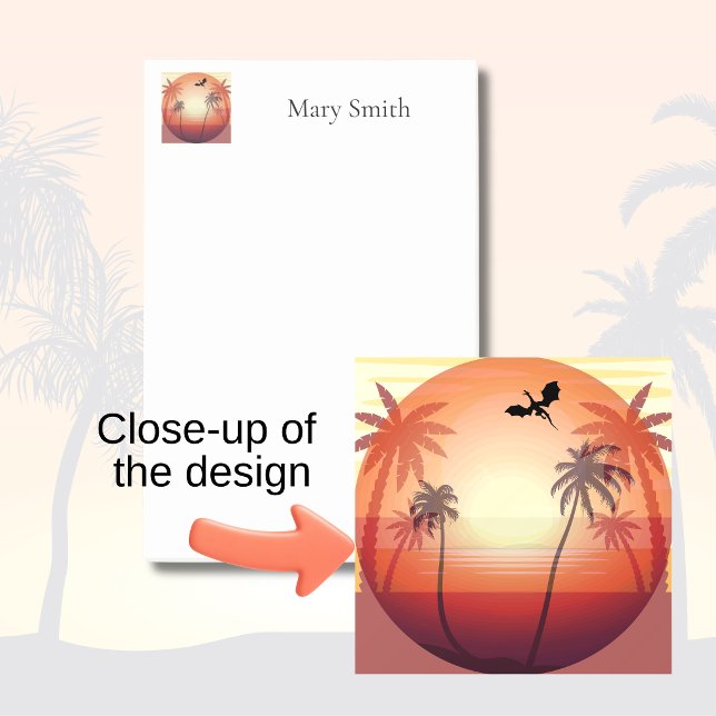 Drak siluett flygande över tropisk ö post-it block (Close up of Tropical Island Sunset design)