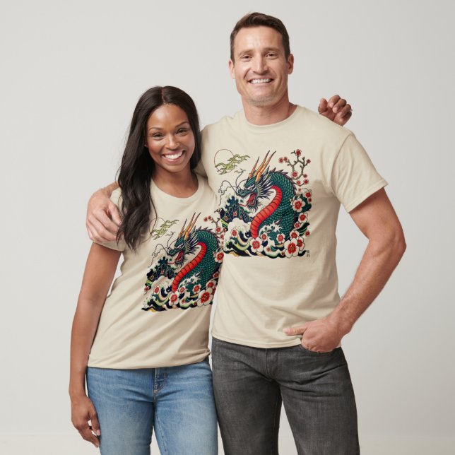 Drak tatuering med blomster och månsken t shirt (Unisex)