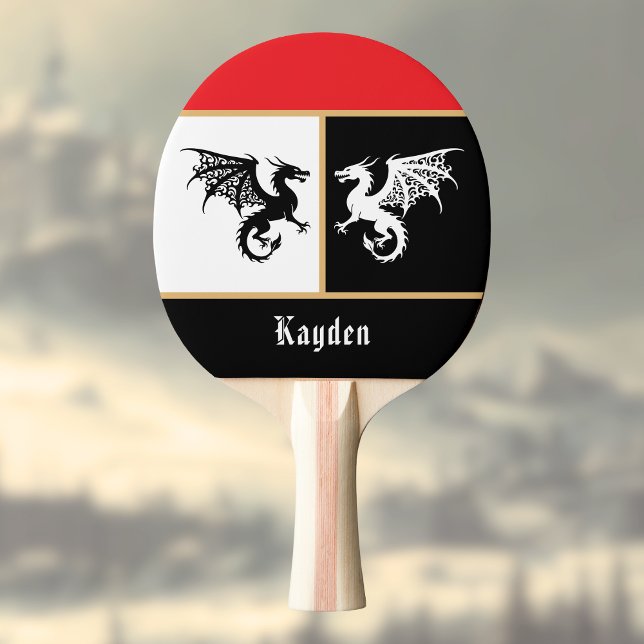 Drakar i svart vitt guld färg trim n monogram pingisracket (Skapare uppladdad)