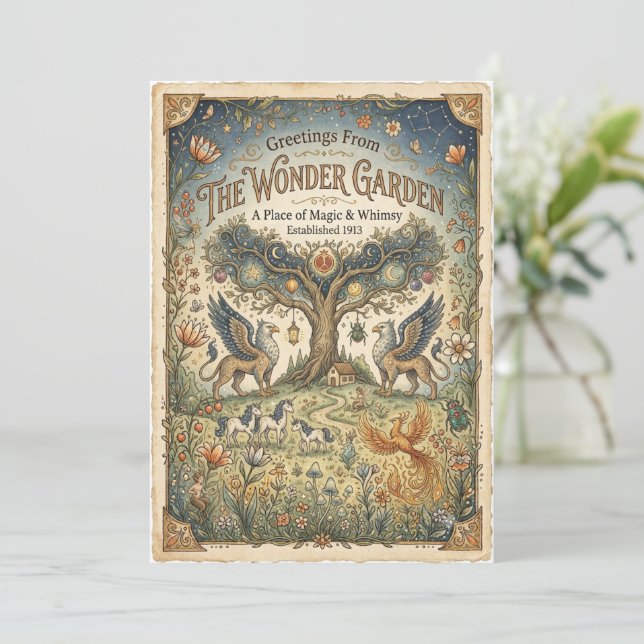 Drakar och Enhörningar Vintage Whimsical Konstkort (Stående Fram)
