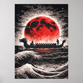 Drakbåtslag paddlar i röd mån horisont poster