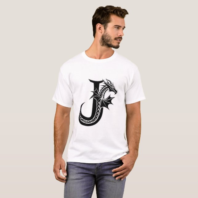 Drakbrev J – Stilig Fantasy Drakdesign T Shirt (Hel framsida)