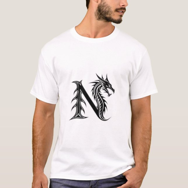 Drakbrev N – Mörk Fantasy Drakdesign T Shirt (Framsida)