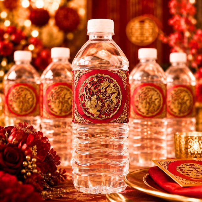 Drake Fenix Röd Guld Kinesisk Bröllops- Vattenflaskor Etikett (Dragon Phoenix Red Gold Chinese Wedding Water Bottle Label)