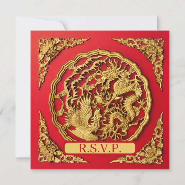 Drake Fenix Röd Guld Kinesisk Bröllopsanmälan Inbjudningar (Framsida)