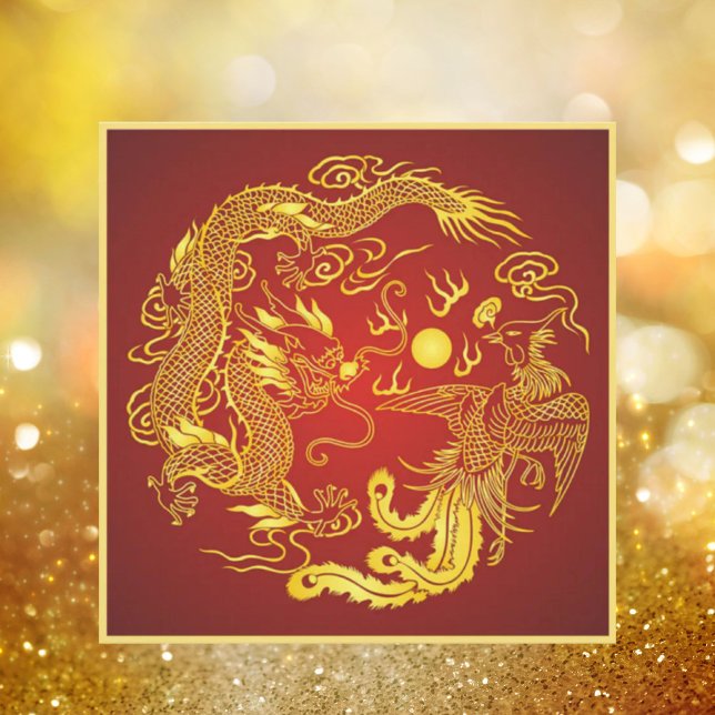 Drake Fenix Röd Guld Kinesisk Bröllopsinbjudan Inbjudningar (Dragon Phoenix Red Gold Chinese Wedding Invitation)