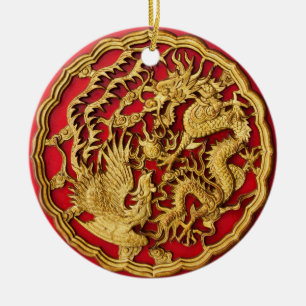 Drake Fenix Röd Guld Kinesisk Bröllopspresent Julgransprydnad Keramik