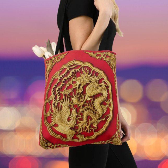 Drake Fenix Röd Guld Kinesiskt Bröllop Tygkasse (Dragon Phoenix Red Gold Chinese Wedding Tote Bag)