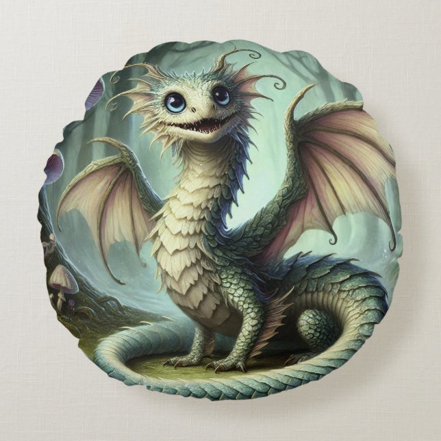 Drake Jabberwocky Söt Fantasy Varelse Konst Rund Kudde (Framsidan)