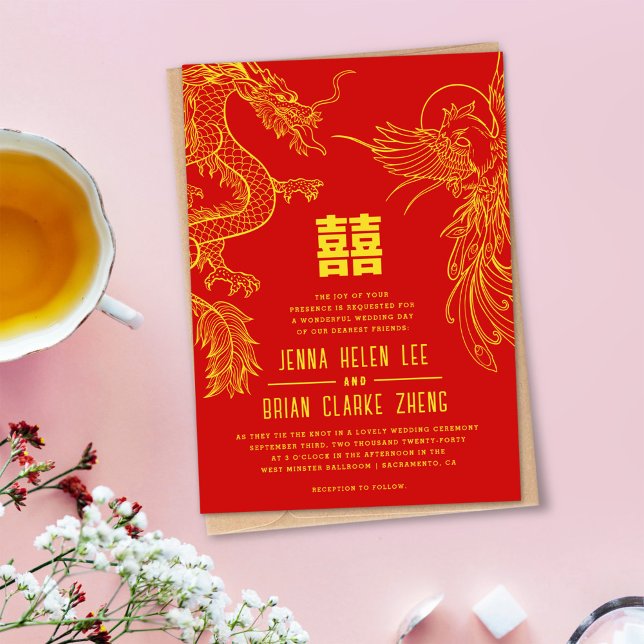 Drake och Fenix Dubbel Lycka Guld+Röd Inbjudningar (Skapare uppladdad)