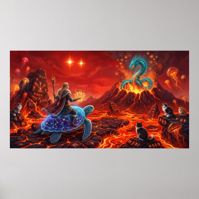 Drake och Världssköldpadda — Viking Eld Fantasi Poster (Framsidan)