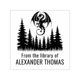 Drake ovanför granar bibliotek boknamn självfärgande stämpel